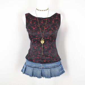 Vintage 00s Y2K Ann Taylor Black & Red Floral Jacquard Boat Neck Tank Top Size 6
